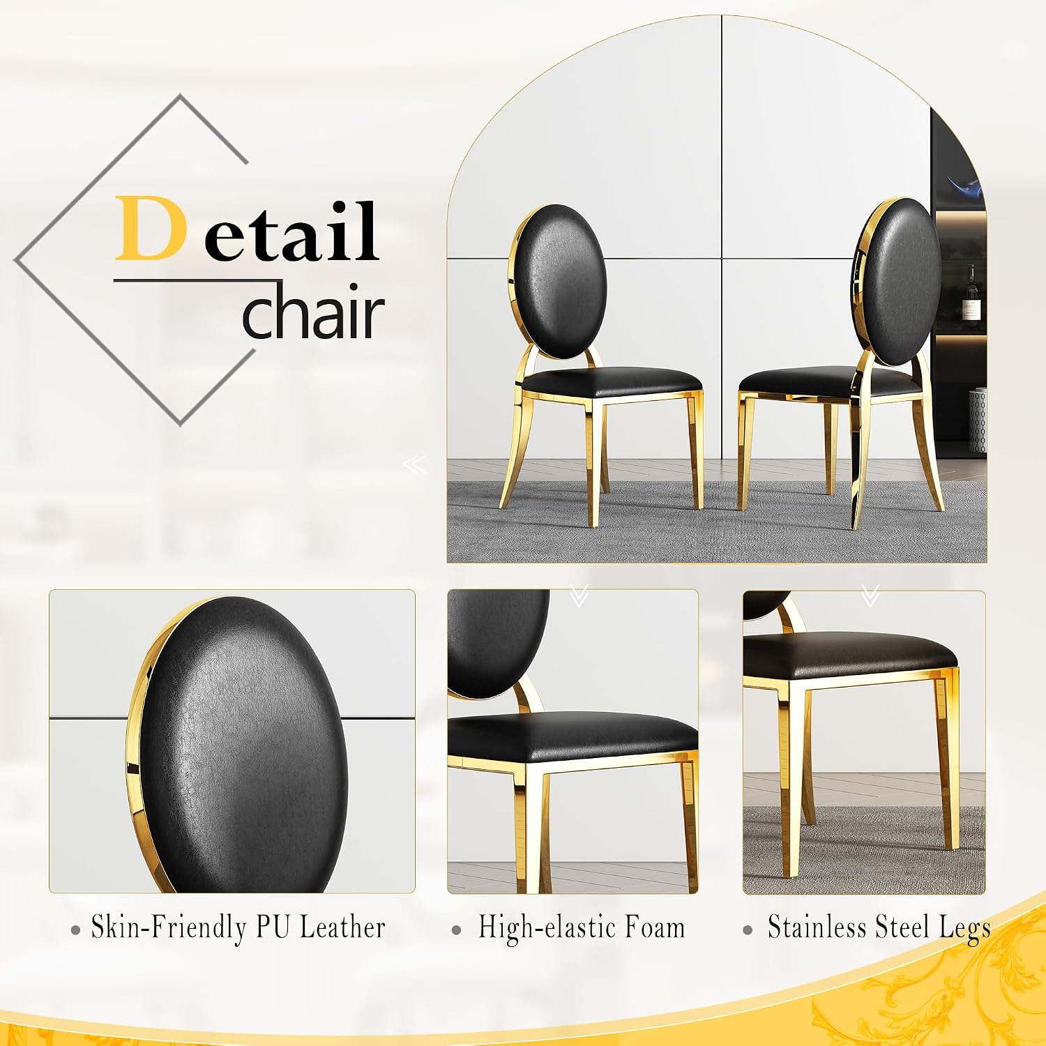 AF ARTISAN FURNITURE Modern Marble Dining Table Set of 6-70' Faux Marble Kitchen Table with 6 Leather Chairs, White Marble Top & Gold Mirrored Stainless Steel Legs, 6 Pieces Black High Back Chairs