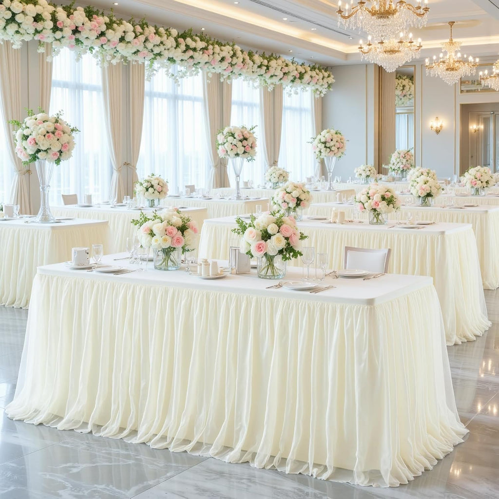 6 Pack 6ft Ivory Tulle Tablecloths for Rectangle Tables 6 Foot Ivory Rectangular Table Cloth Wrinkle Free Tablecover with Tutu Skirt for Wedding Baby Shower Birthday Party Banquet Buffet Cake