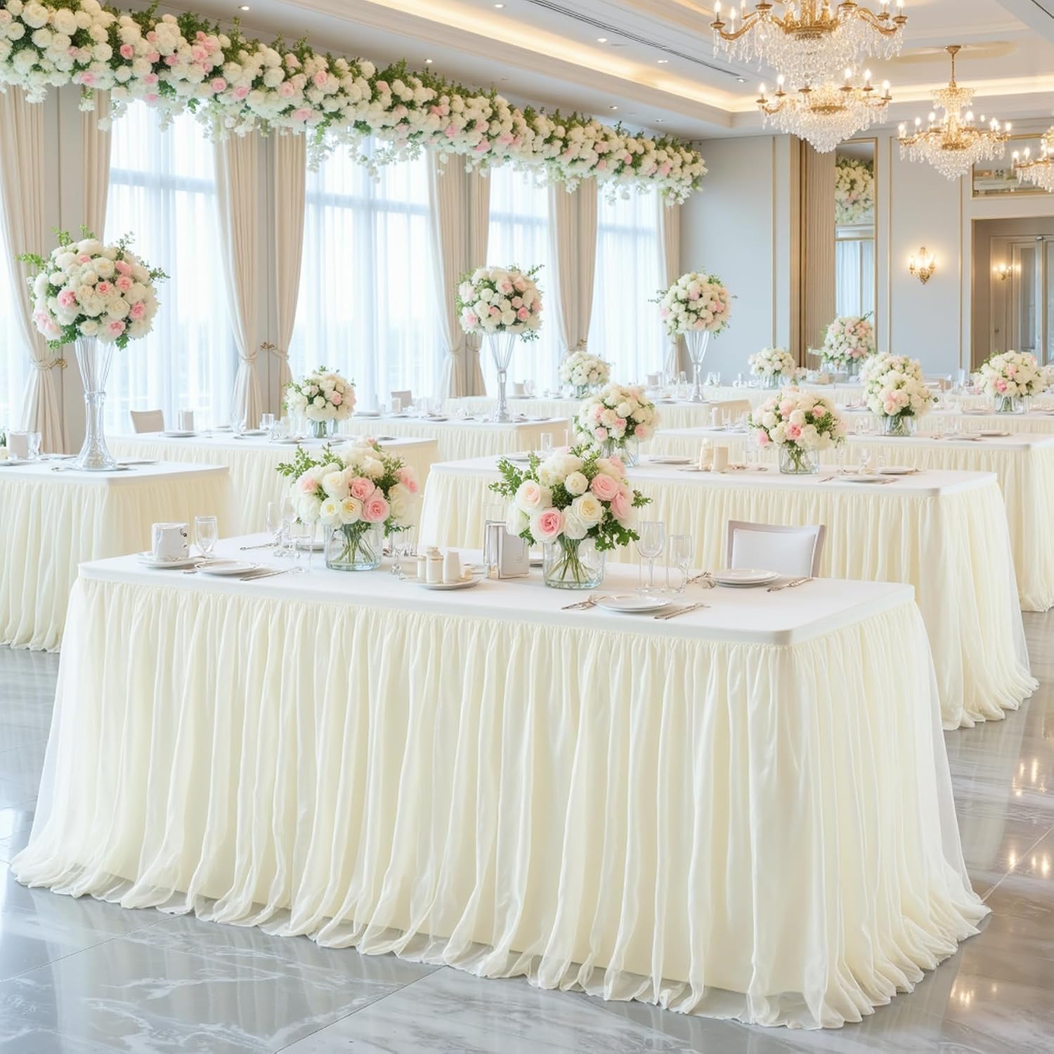 4 Pack 8ft Ivory Tulle Tablecloths for Rectangle Tables, 8 Foot Ivory Rectangular Table Cloth Wrinkle Free Tablecover with Tutu Skirt for Wedding Baby Shower Birthday Party Banquet Buffet Cake