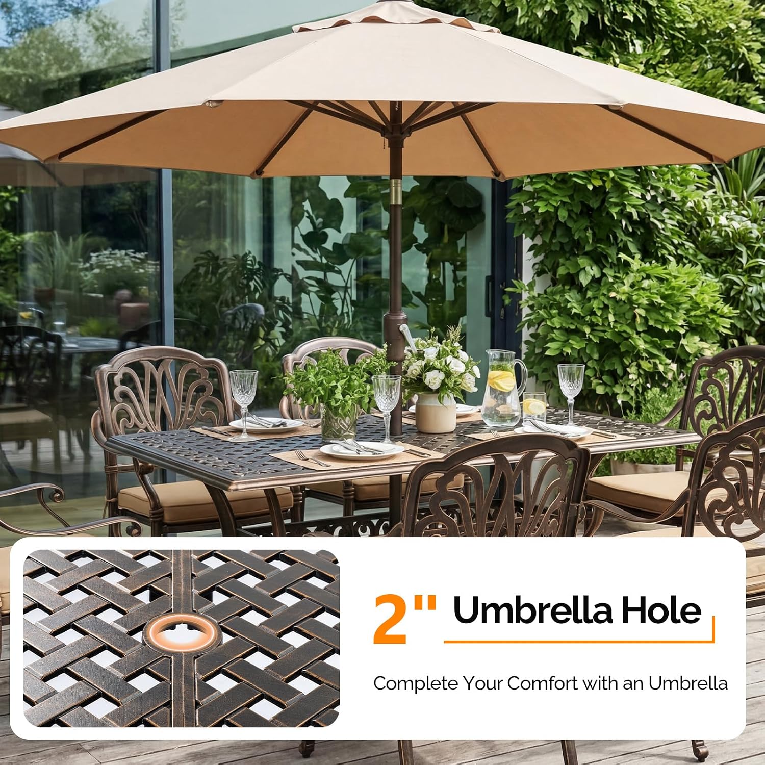 VINGLI 7 Pieces Outdoor Dining Set, Cast Aluminium All-Weather Patio Dining Set for 6 with Umbrella Hole, Outdoor Dining Table and Chairs with Cushion for Yard, Garden, Porch and Poolside, Bronze