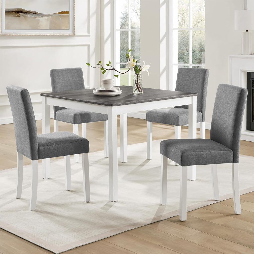 KEIKI 5-Piece Standard Height Dining Table Set with Square Table and 4 Upholstered Curved Backrset Chair, for 4 Person, Modern Wooden Table Set, Easy Assembly, for Kitchen, Dining Room, White+Gray