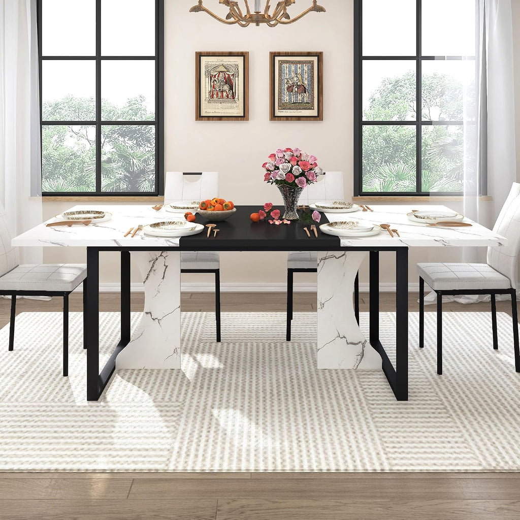 70 Inch Rectangular Dining Table for 4 5 6 People,Kitchen Dinner Table W/Marble-Color Wood Waterpoof Tabletop,Family 6 FT Dining Tables w/Adjustable Leg for Office Home Living Dining Room(White)