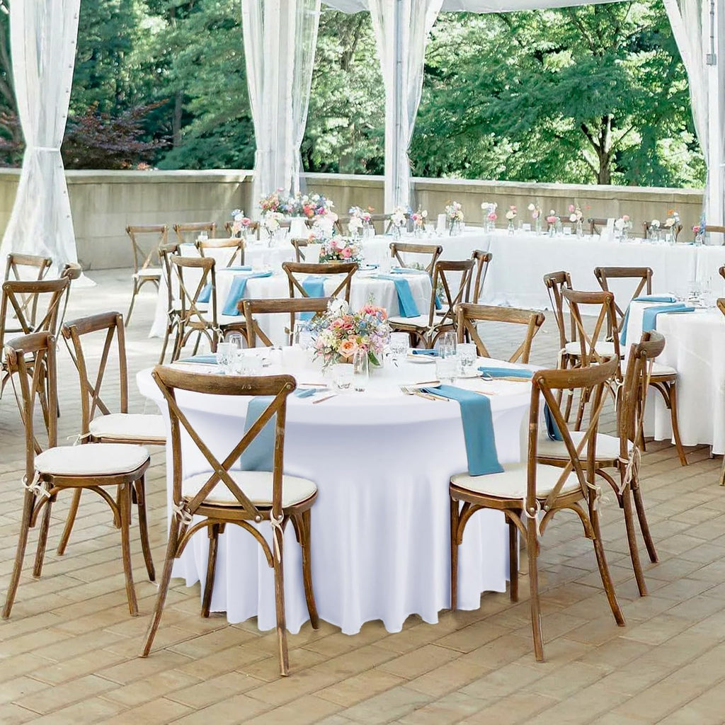 10 Pack White Spandex Round Tablecloths for 60inch Tables, 120 Inch Stretchy 5ft Round Fitted Tablecloth Wrinkle Free Washable Table Cloths Table Covers with Skirt for Wedding Party Birthday Banquet