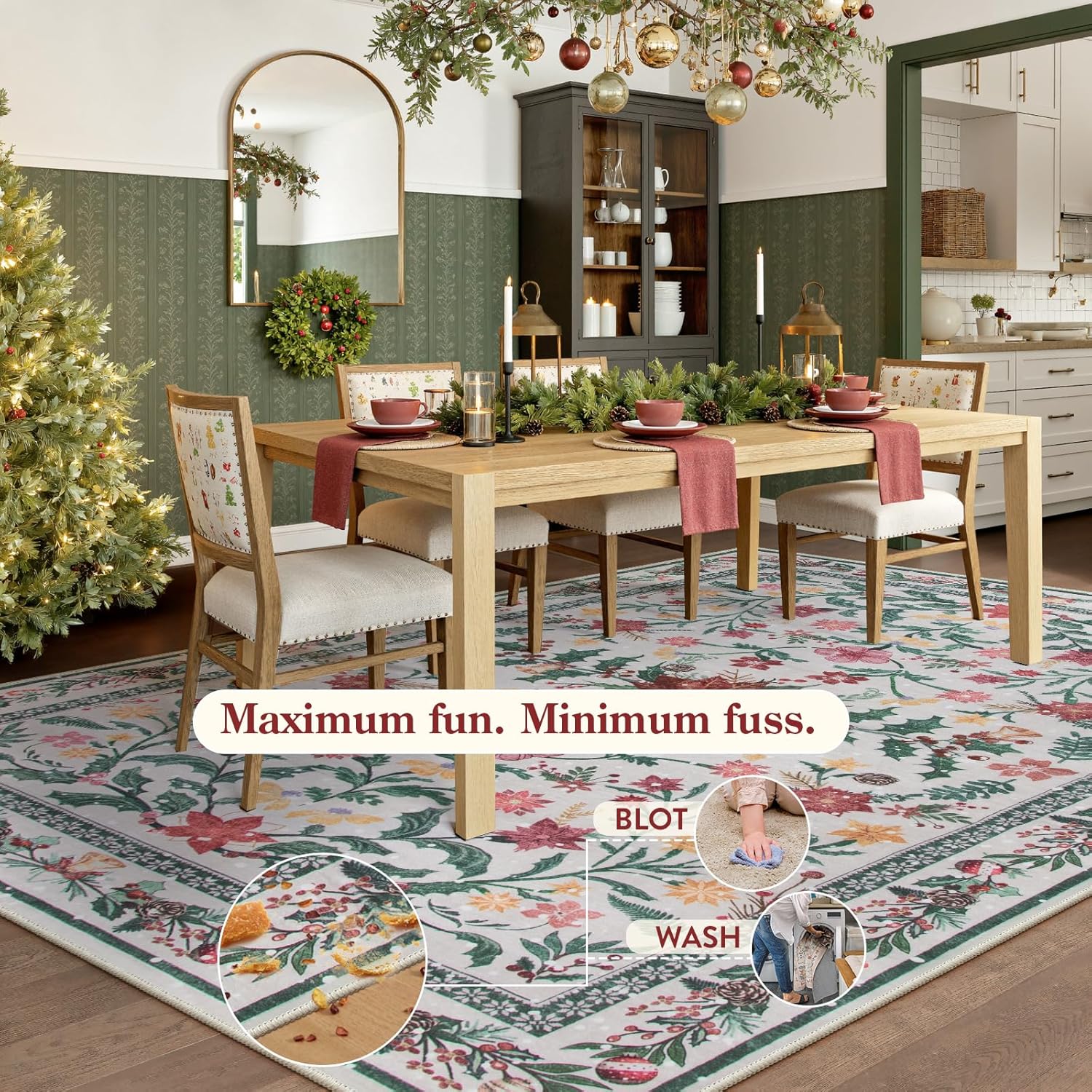 Lahome Christmas Rugs 8x10 Living Room Decor, Washable Area Rugs for Dining Room Stain Resistant, Large Thin Carpets Under Bed Couch Cottagecore Holiday Decor