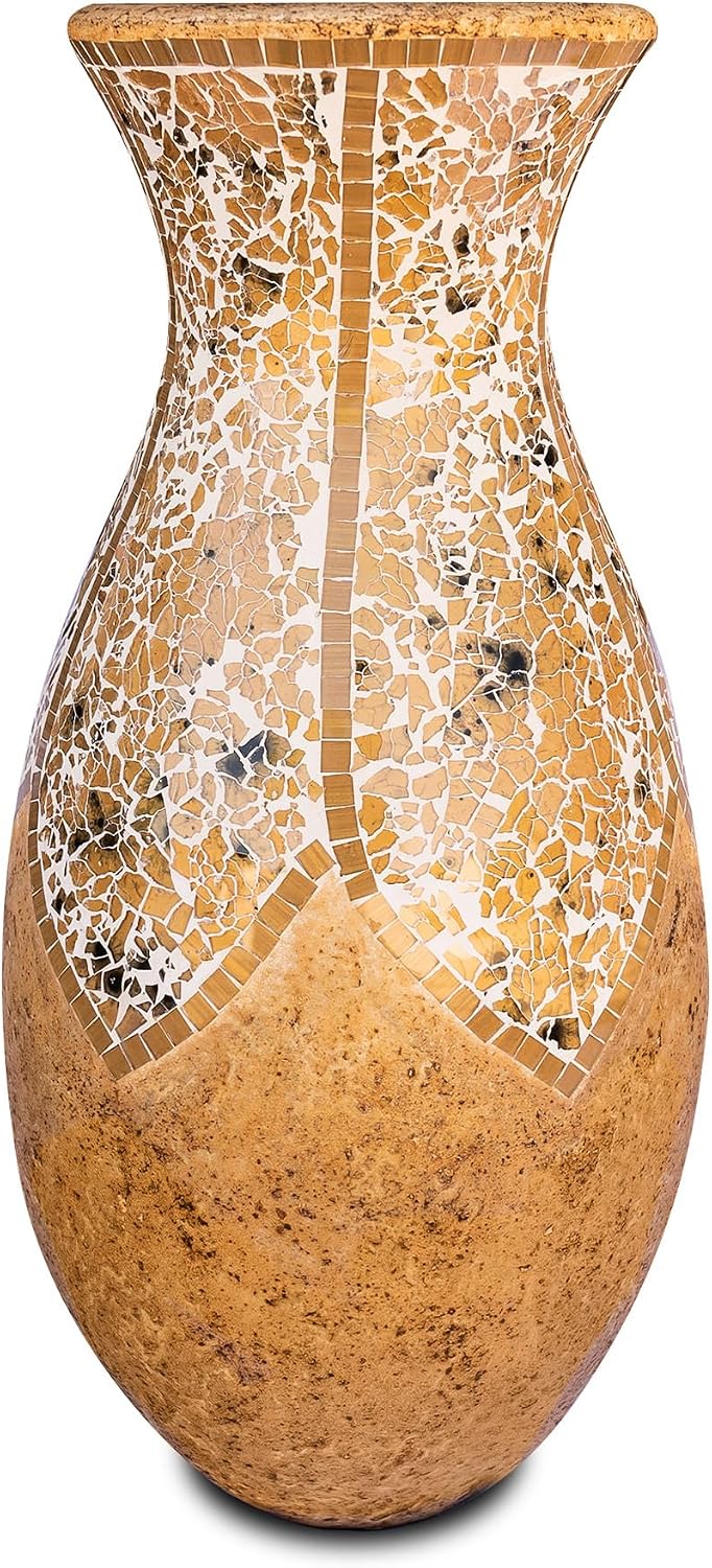 Floor Vase, 24 Inch Mosaic Vase – Tall Cylinder Made of Terracotta with Yellow Tan Glass Mosaic Pieces – Handcrafted Decorative Home Décor Accent Piece for Bedroom, Living Room, Office