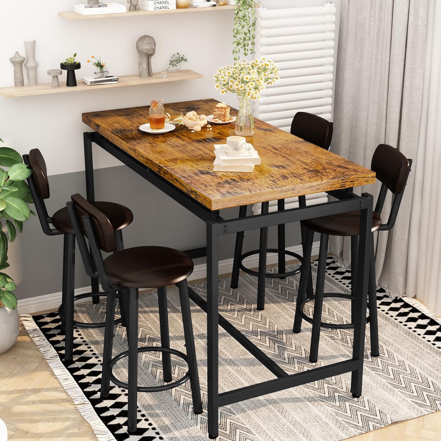 Recaceik Bar Table Set for 4 Bar Table and Chairs Set, Industrial Dinner Table with 4 PU Leather Upholstered Backrest Stool, Counter Height Pub Dining Room Table Set for Apartment Small Spaces