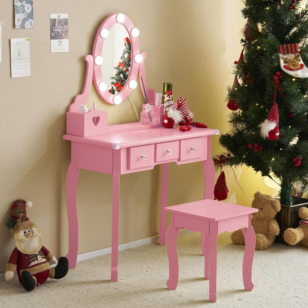 Karl home Kids Vanity Table and Chair Set, Princess MDF Dressing Table with 3-Color LED Lighted Mirror and 3 Drawers, Lovely Waved Design for Toddler's Bedroom and Playroom Decor, Macaroon Pink