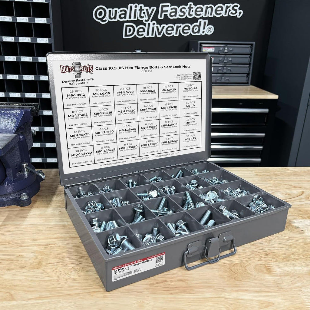Metric Class 10.9 JIS Hex Cap Flange Frame Bolts & Serrated Flange Nuts Assortment Kit - 402 Pieces!