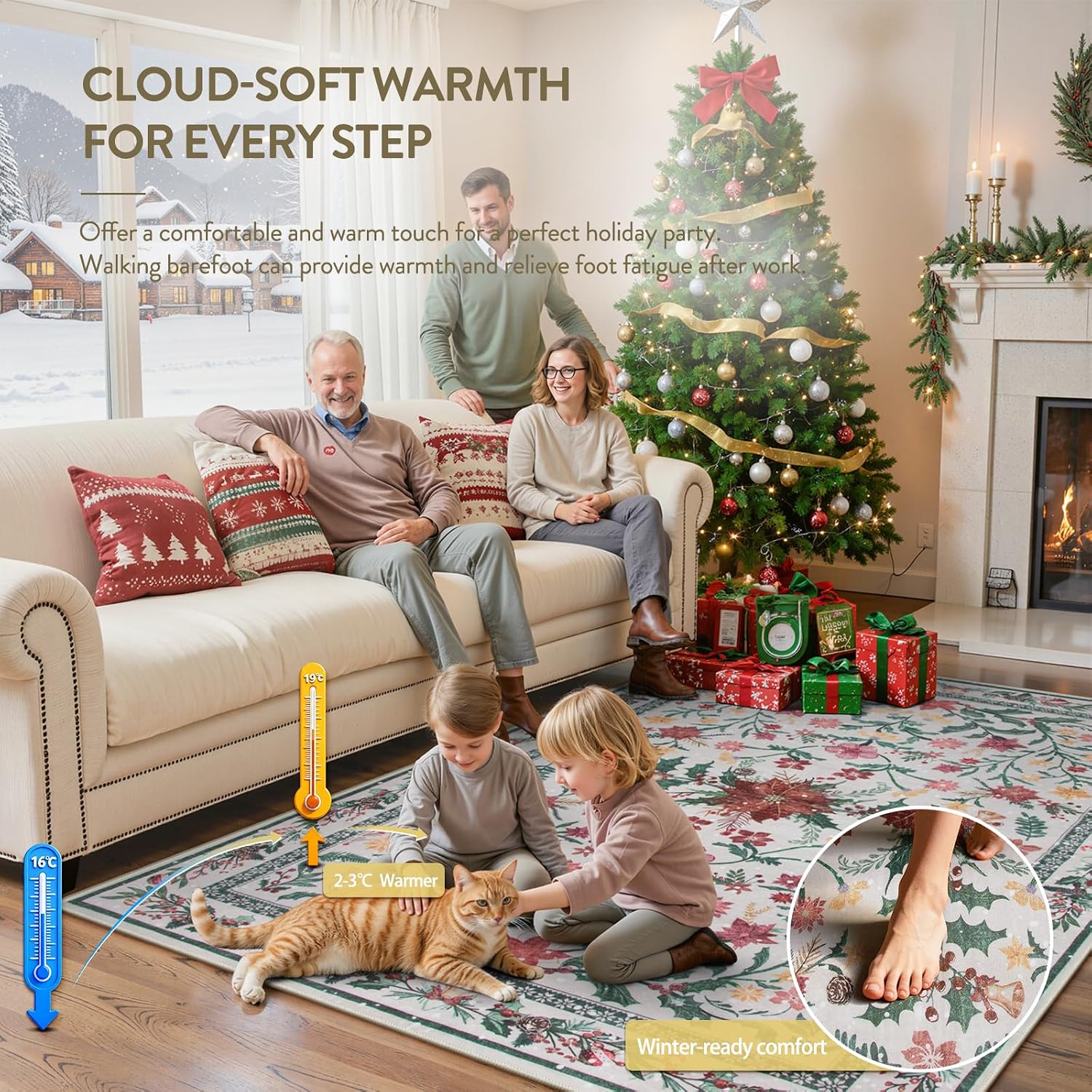 Lahome Christmas Rugs 8x10 Living Room Decor, Washable Area Rugs for Dining Room Stain Resistant, Large Thin Carpets Under Bed Couch Cottagecore Holiday Decor