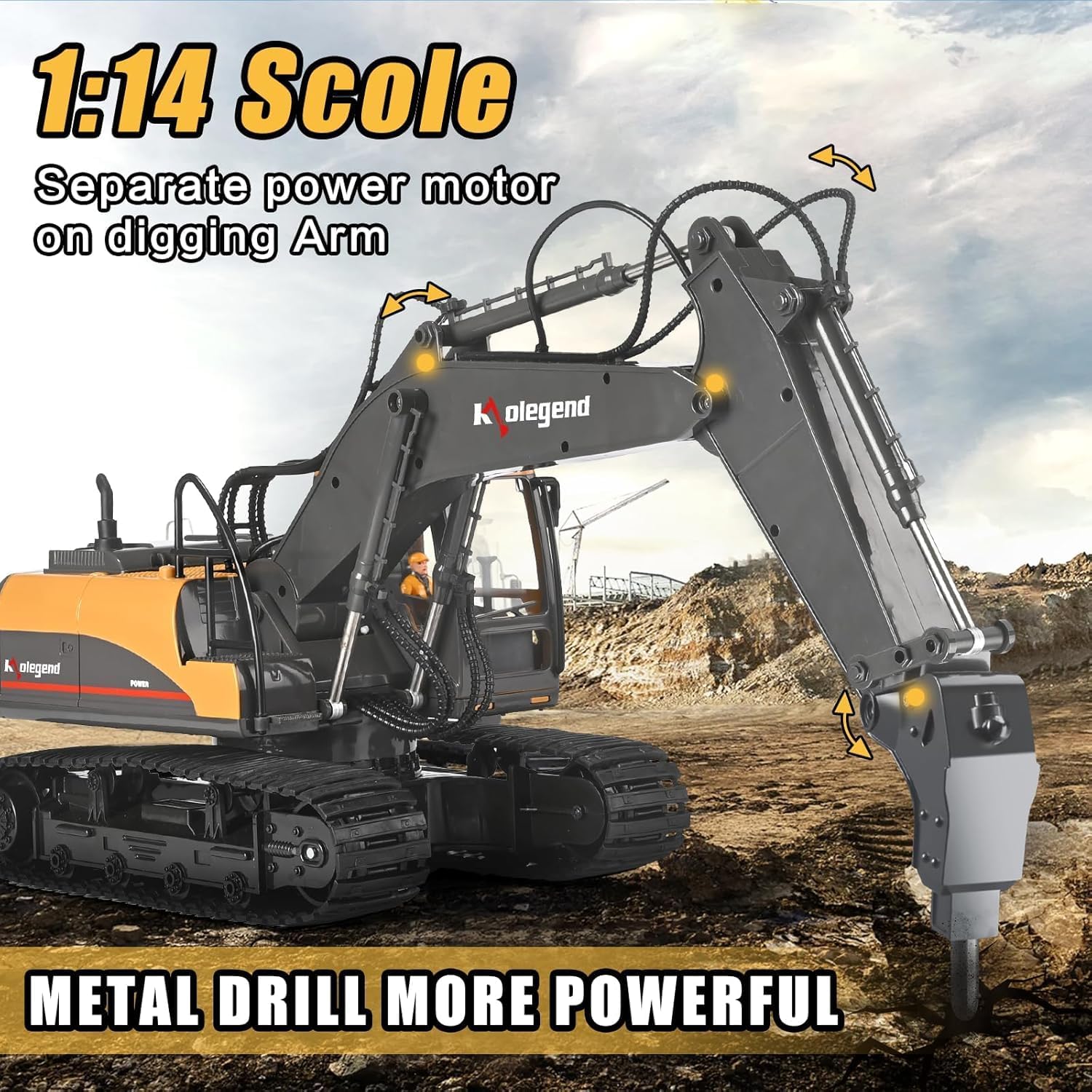 kolegend 3 in 1 Remote Control Excavator Toy 1/14 Scale RC Excavator, 15 Channel Upgrade Full Functional Construction Vehicles with Tools Metal Breaker and Electric Gripper(Yellow/Black)