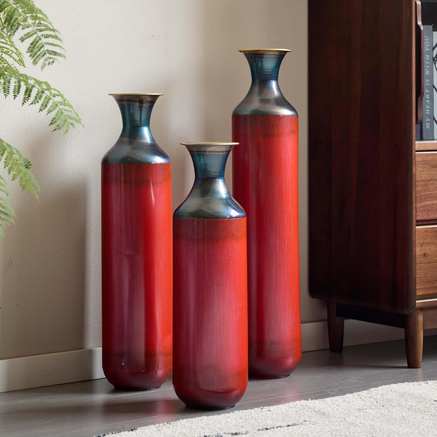 Tall Floor Vases for Living Room Set of 3 – Red Metal Decorative Floor Vase Set, Large Modern Floor Vases for Home Decor, Elegant Tall Metal Vases for Floor Decoration