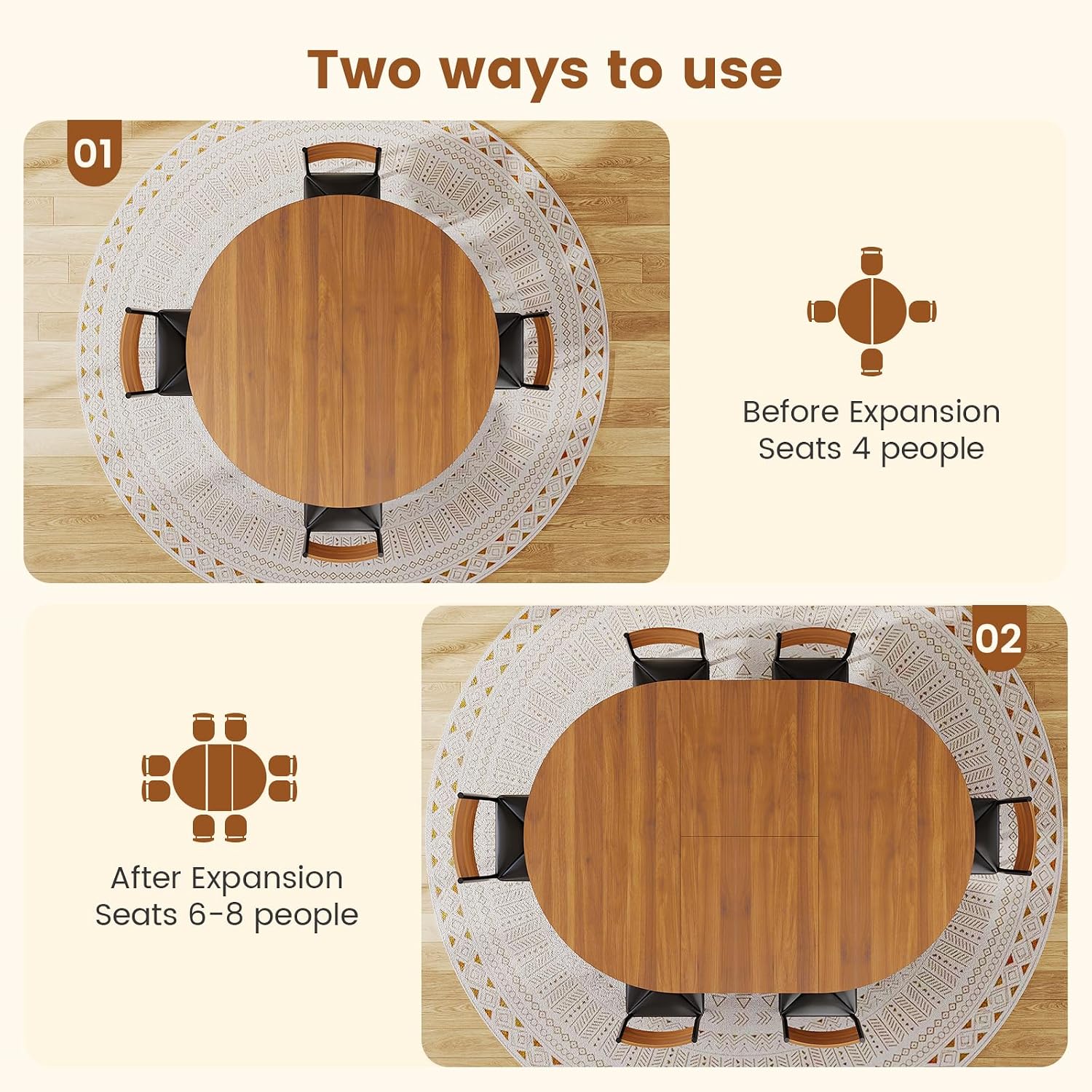 Itaar Round Extendable Dining Table Set for 4-6 People, 5-Piece Kitchen Table Set with 4 Cushion Chairs, Dining Room Table for 6 with MDF Board & Metal Frame for Small Space, Easy Clean, Brown