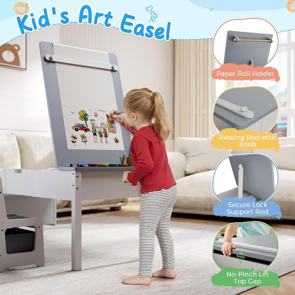 5-in-1 Kids Art Table and Chairs, Toddler Table and Chair Set, Craft Play Desk for Kids, Convertible Art Easel with Paper Roll Holder & Storage Drawers, Children Activity Learning Center-Gray