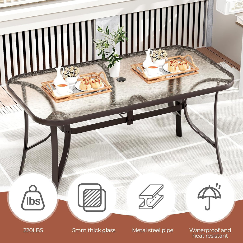 TLSUNNY Patio Dining Set for 6, Outdoor Table and Chairs W/1.69″ Umbrella Hole, 30'X 55' Table and Stackable Textilene Chair, All Weather Patio Furniture Set (Umbrella not Included) (Beige)