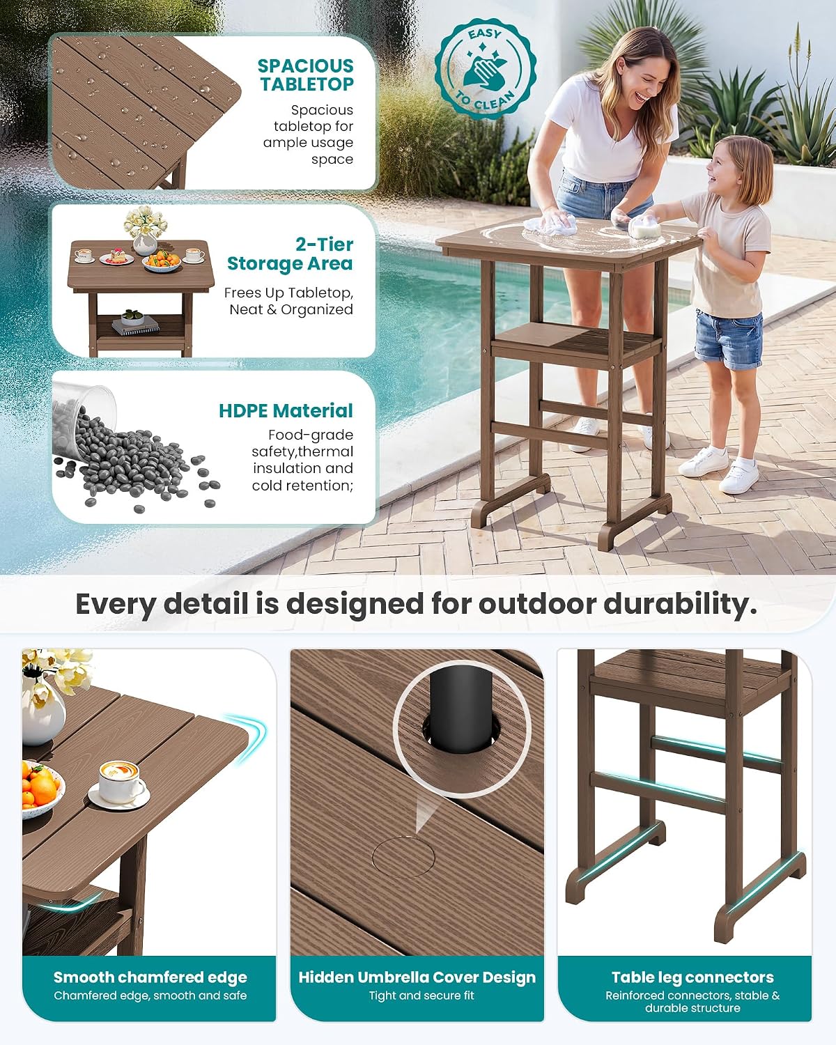 SERWALL Balcony Adirondack Chairs and Table 3 Pieces Set, Oversize Adirondack Bar Height Chairs Set of 2 and Bar Table, Outdoor Bar Stools Set, Brown