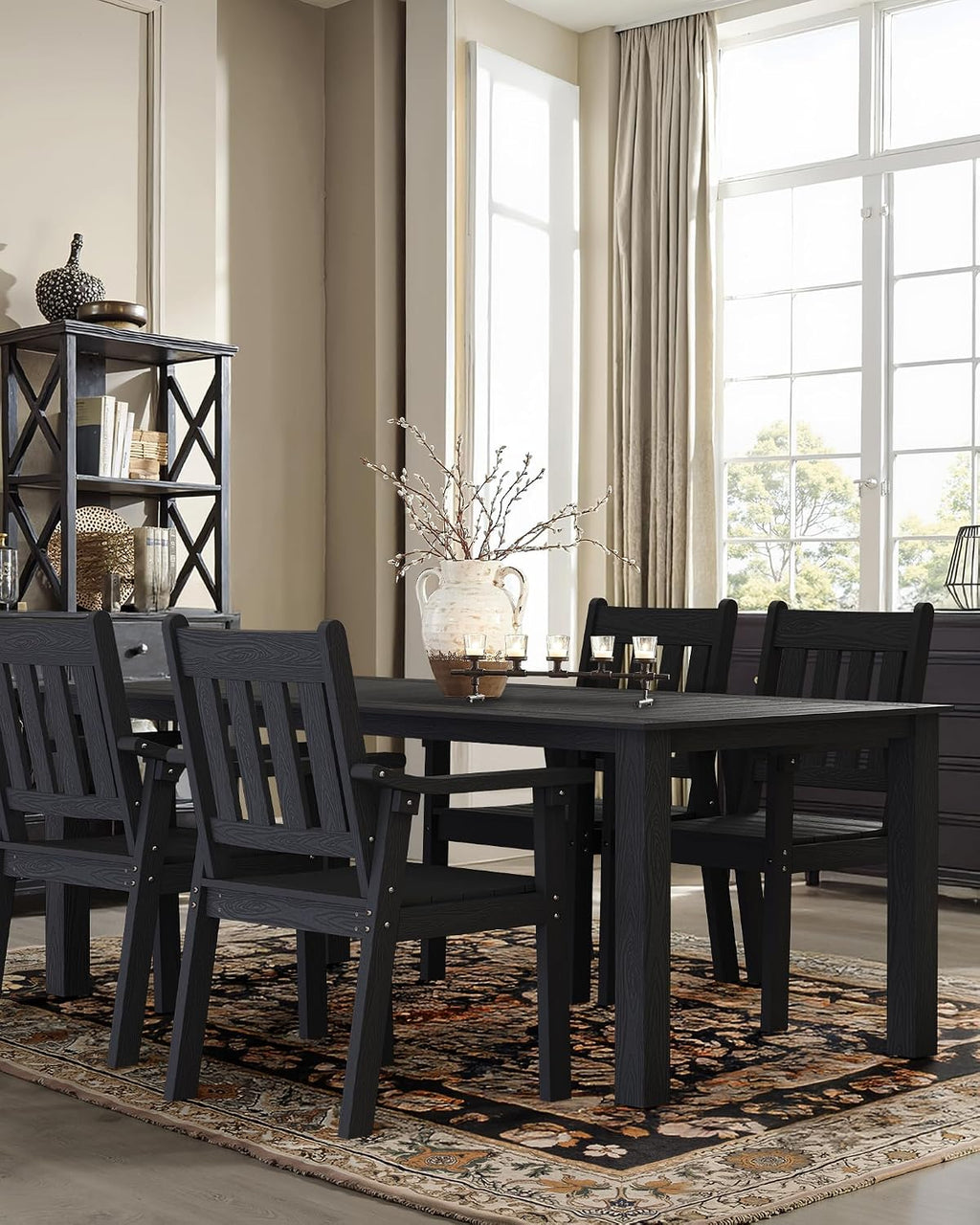 YEFU HIPS Patio Table Set: 5 Piece Outdoor Table and Chairs Dining Furniture Set with Umbrella Hole - Black Modern Plastic Dining Sets 4 Person for Outside Deck with Metal Aluminum Frame