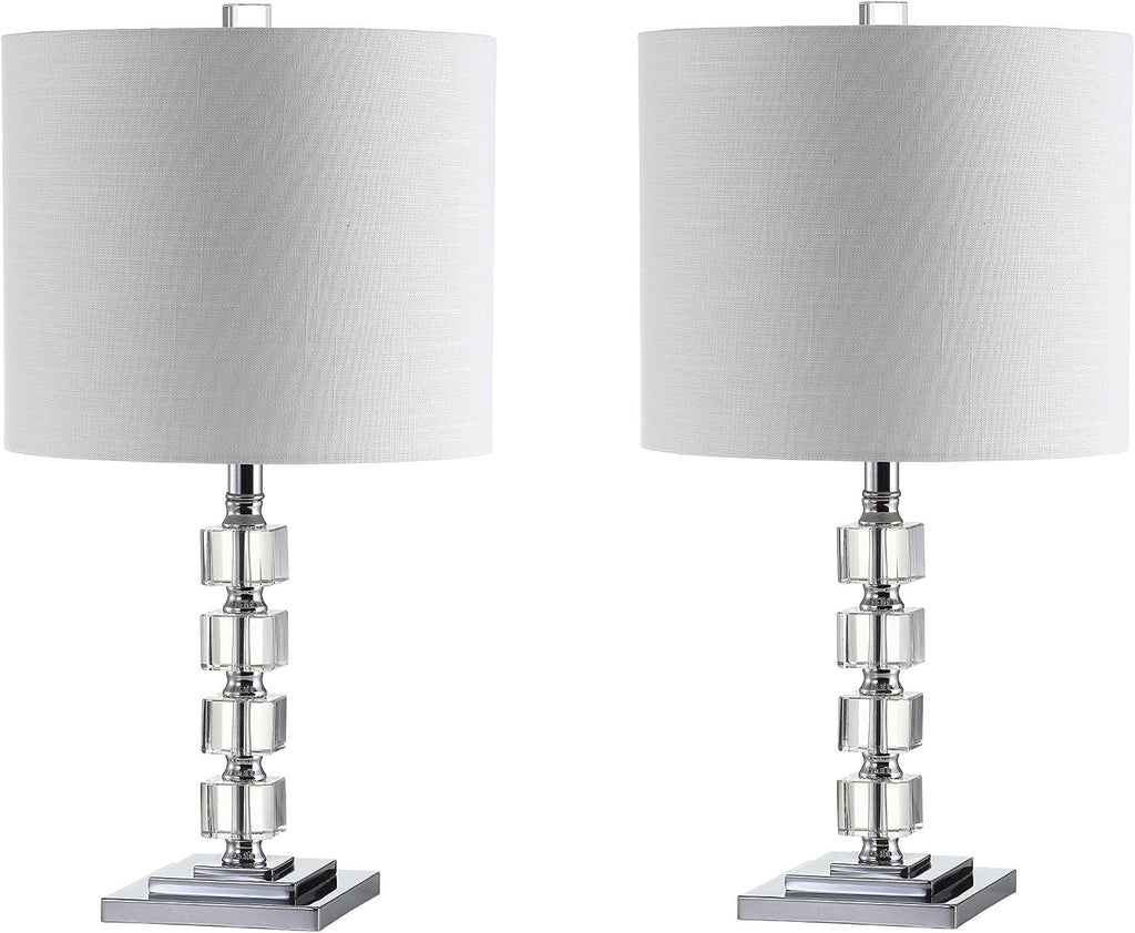 JONATHAN Y 22' Clear Crystal and Chrome Stacked Cube Table Lamp Set of 2, Glam Contemporary Nightstand Lamps with White Linen Drum Shade, LED Bulbs Included JYL5040A-SET2