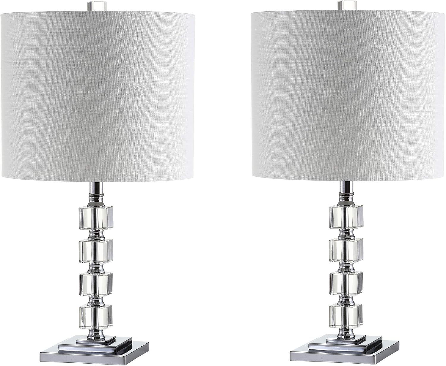 JONATHAN Y 22' Clear Crystal and Chrome Stacked Cube Table Lamp Set of 2, Glam Contemporary Nightstand Lamps with White Linen Drum Shade, LED Bulbs Included JYL5040A-SET2