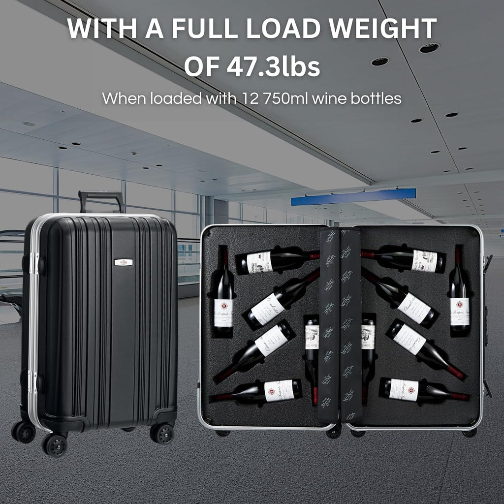 Wine Suitcase for Airplanes 12 Bottle Aluminum Wine Luggage for Airplane Travel with TSA Approved Lock & Removable Insert, Black Hard Shell Case with Expensive High-Strength Aluminum Protection Frame
