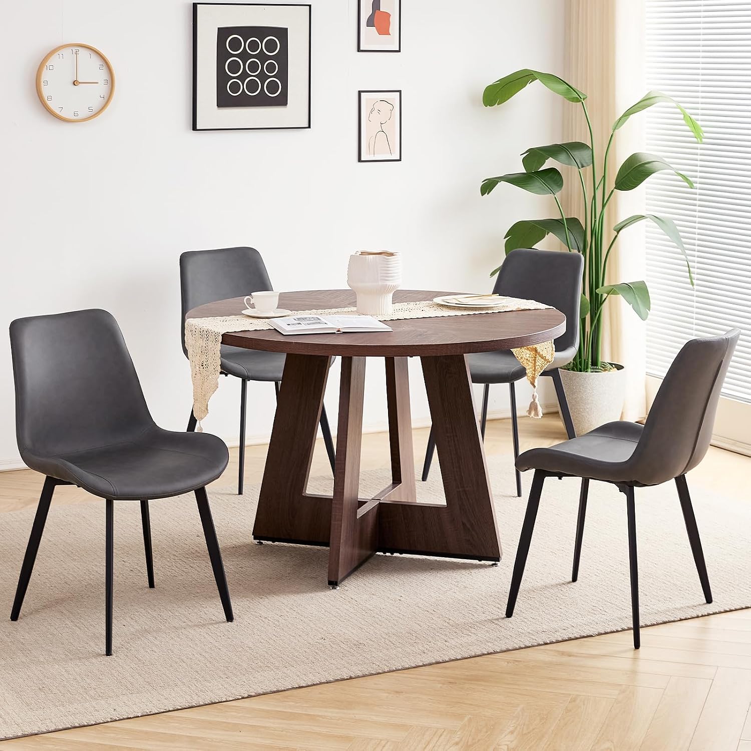 47 inch Round Dining Table Set for 4 with Chairs Kitchen Table and Chairs Set Mid-Century Modern Round Wood Kitchen Tables with Upholstered Synthetic Leather Chairs Set of 4