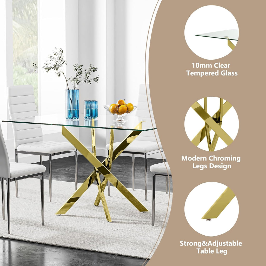 Tempered Glass Dining Table with Chromed Legs, 47' Modern Rectangular Kitchen Table for Dining Room Kitchen,Gold
