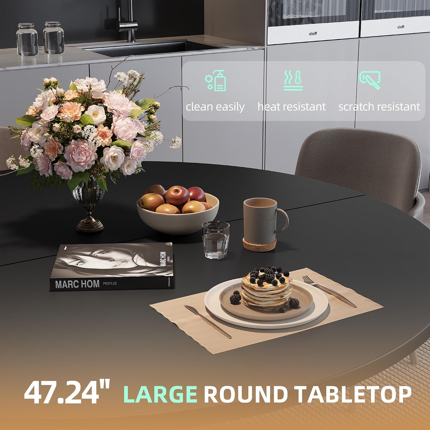 47.24' Round Dining Table, Modern Dining Room Table for 4-6 Person, Wood Round Kitchen Table with Metal Legs, Round Coffee Table for Home Dining Room Living Room (Black)