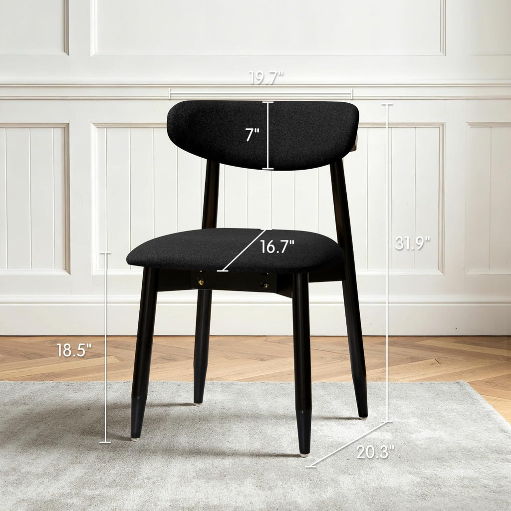CHUN YI Dining Chairs Set of 4, Upholstered Solid Wood Dining Room Chairs, Mid Century Modern Fabric Kitchen Chairs with Ergonomic Curved Back, Black (Only Chairs)