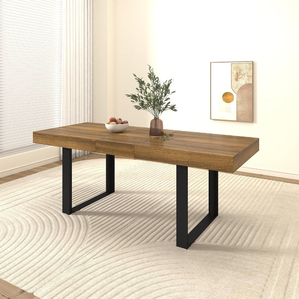 78.74'' Extendable Rectangular Dining Table for 4-8, Modern Mid-Century Farmhouse Wood Expandable Kitchen Dinner Conference Table for Living Room Office, Black & Brown