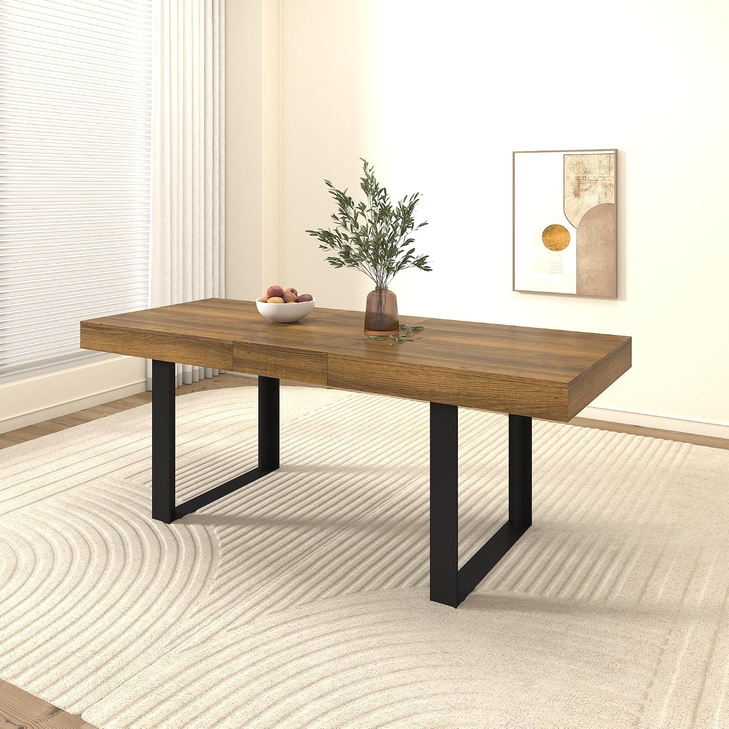 78.74'' Extendable Rectangular Dining Table for 4-8, Modern Mid-Century Farmhouse Wood Expandable Kitchen Dinner Conference Table for Living Room Office, Black & Brown