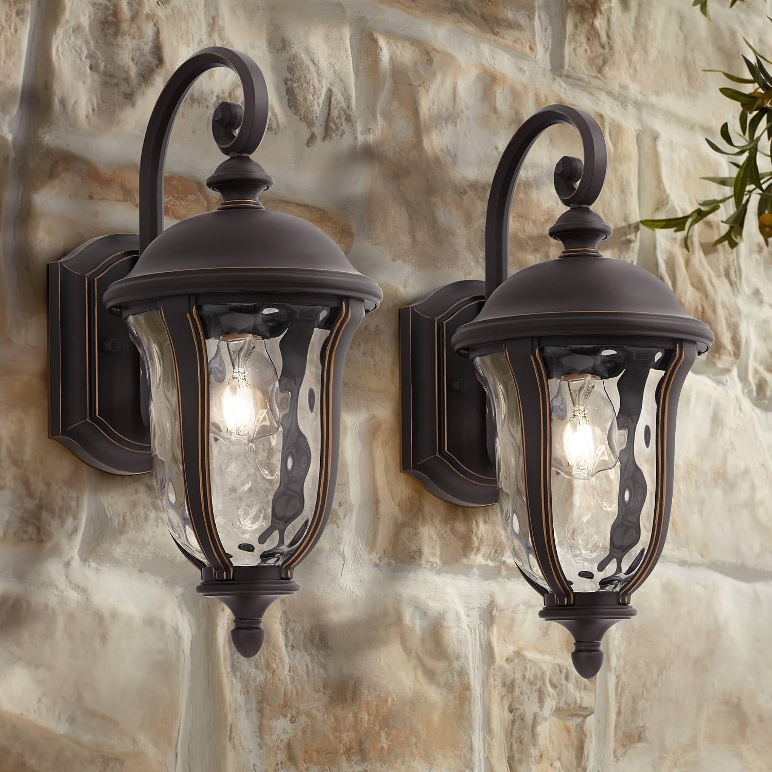 John Timberland Park Sienna Rustic Vintage Outdoor Wall Light Fixtures Set of 2 Bronze Metal 16 3/4' Clear Hammered Glass Panels for Post Exterior Barn Deck House Porch Yard Patio Garage Garden