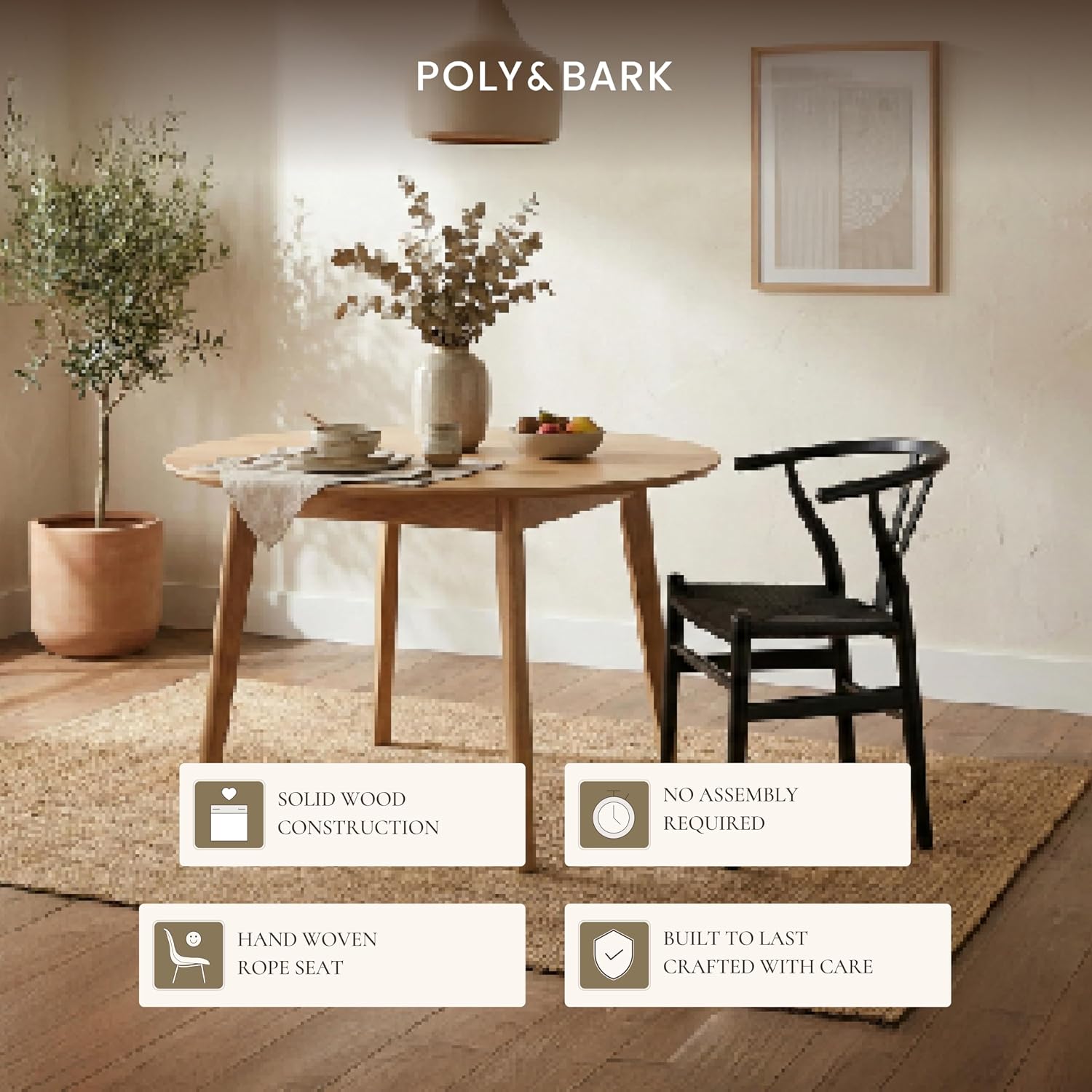 Poly & Bark Weave Dining Chairs – Mid-Century Modern Wishbone Dining Chairs with Arms, Solid Wood Frame, Indoor Use – Pitch Black – Set of 2 - Ideal for Dining Room, Kitchen or Stylish Accent Setting
