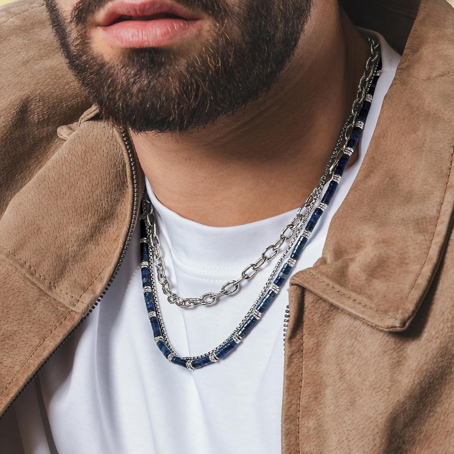 JEAN RACHEL JEWELRY Men's 3-Piece Necklace Layering Set - Hammered Link Chain, Sleek Box Chain & Lapis Lazuli Beads - Royal Blue Bundle