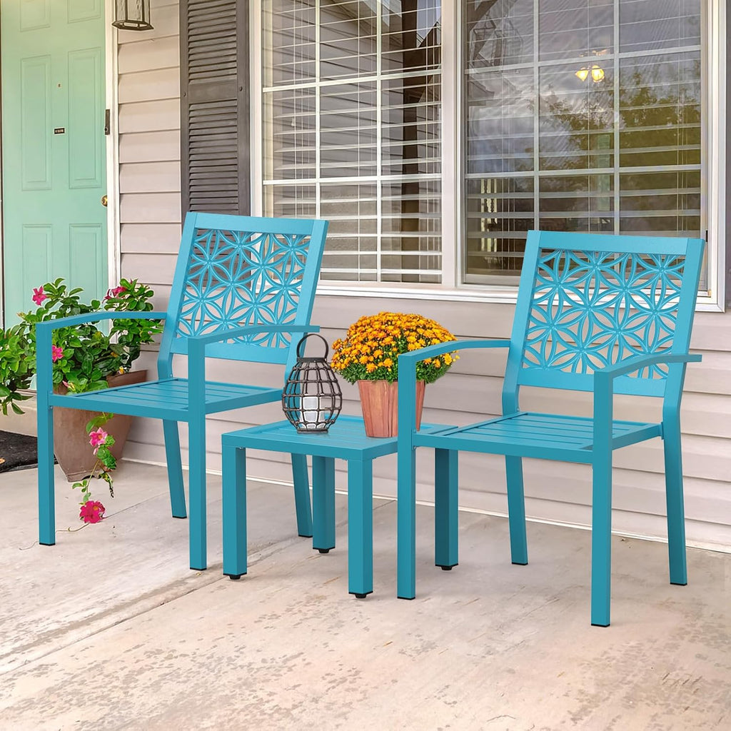 VINGLI 3-Piece Outdoor Bistro Set, Stackable Modern Metal Steel Table and Chairs with Rust-Resistant Coating, Small Patio Furniture Conversation Set for Porch, Deck, Balcony, Garden, Blue