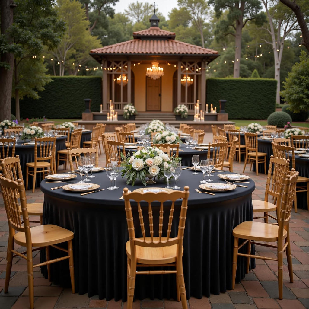 Outpain 8 Pack Black Round Spandex Tablecloth for 60 Inch/5FT Tables - Stretchy Table Cloth with Skirt, Wrinkle-Free Fitted Cloth for Wedding Vendor, Banquet & Graduation Decor (120' Round)