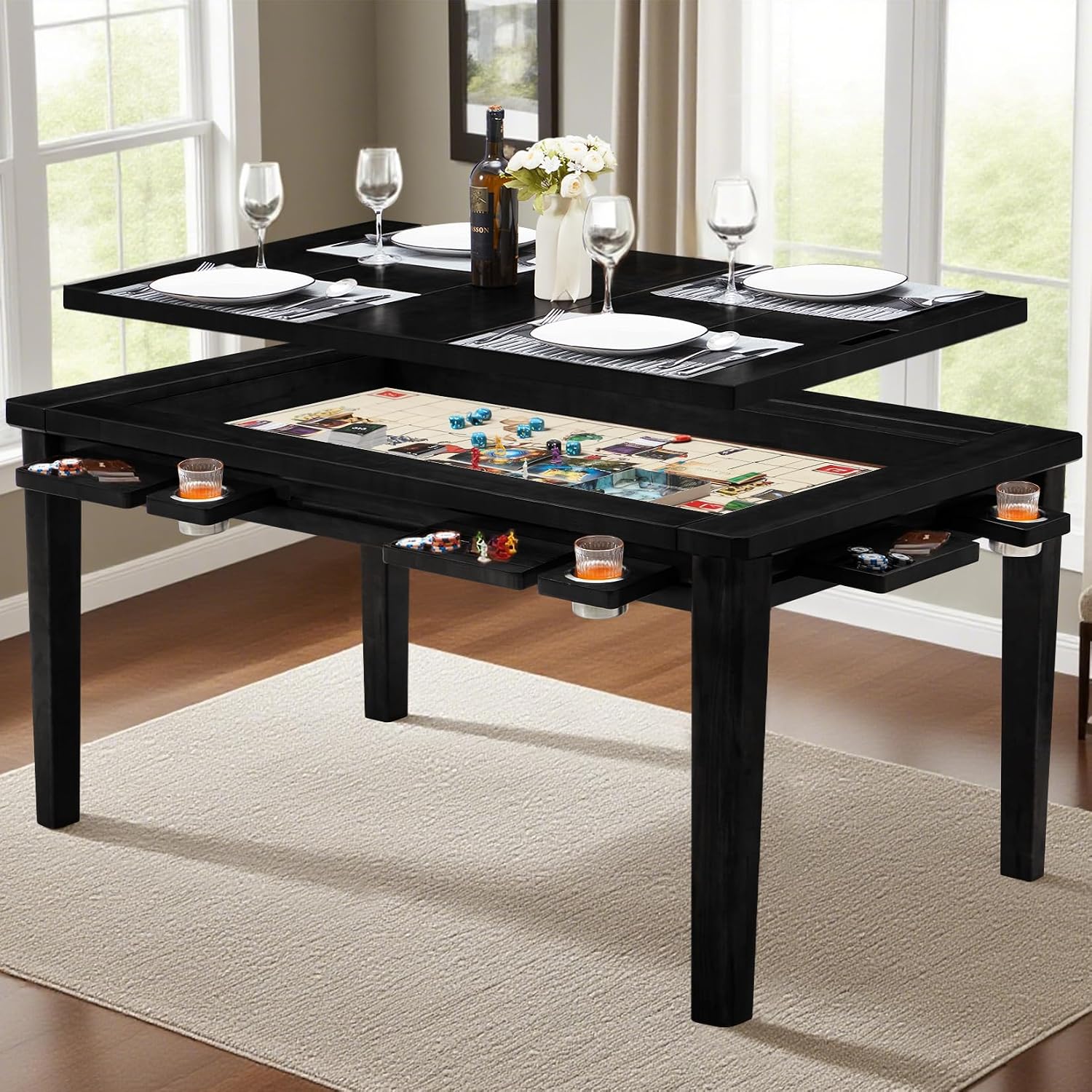 Haddockway 63' ×39' Board Game Table with Removable Top, Solid Wood Dining/Gaming Table for 4-6 Players with Play Mat, 6 Detachable Cup Holders & 6 Hobby Trays (Black)