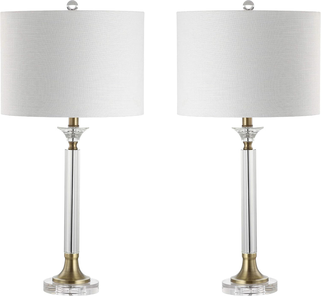 JONATHAN Y 28' Clear/Brass Gold Crystal and Metal Candlestick LED Table Lamp Set of 2, Modern Transitional Nightstand Lamps with White Linen Drum Shade, LED Bulbs Included JYL5039A-SET2