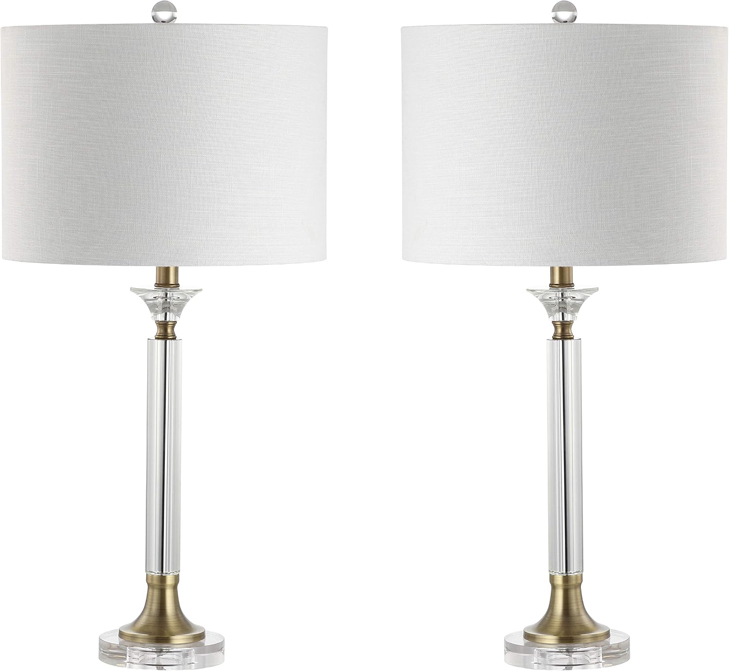 JONATHAN Y 28' Clear/Brass Gold Crystal and Metal Candlestick LED Table Lamp Set of 2, Modern Transitional Nightstand Lamps with White Linen Drum Shade, LED Bulbs Included JYL5039A-SET2