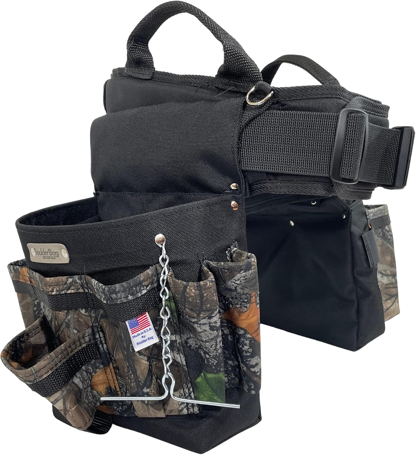 BOULDER BAG Ultimate Electrician's MAX Combo with Comfort Back Support Tool Belt, Quick Release Buckle, Heavy Duty Tool Belt, Camo - Backwoods, (Medium 28-32 Inch Waist), Made in USA