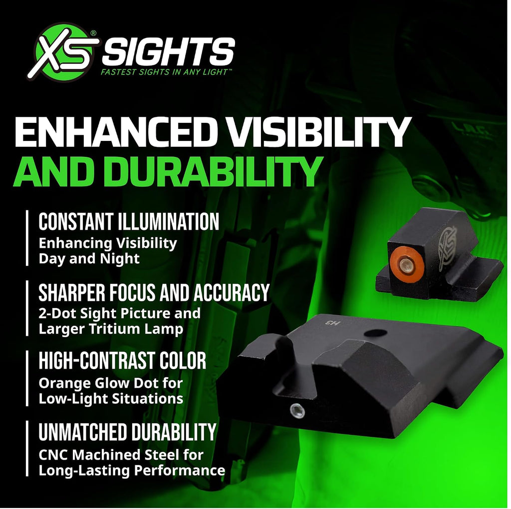 XS SIGHTS F8 Night Sight for Pistols, Large Tritium Front Sight for Fast Acquisition, Wide U-Notch Rear Sight, High Visibility, Easy Alignment