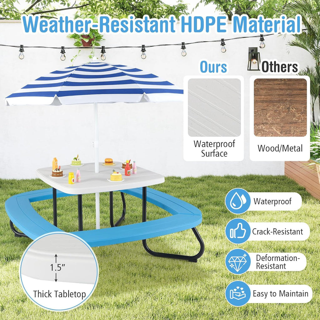 HONEY JOY Kids Picnic Table, 8 Person Toddler Outdoor Table and Chair Set, 4 Built-in Benches, Removable Umbrella, Metal Frame & HDPE Top, Children Outdoor Furniture for Backyard Patio Garden (Blue)