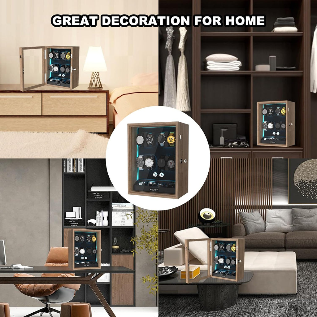 XTELARY Lockable Automatic Watch Winder - 4/6/8/12 Watch Storage, 4 Rotation Modes, Quiet Motor, Backlight