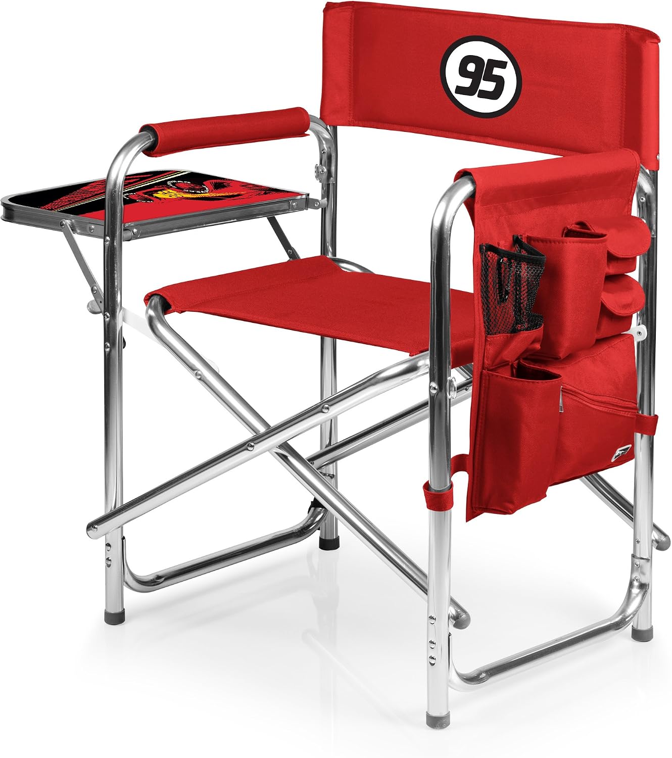 PICNIC TIME Disney Cars Lightning McQueen Sports Chair with Side Table, Folding Beach and Camp Chair, Portable Outdoor Chair with Carry Strap and Storage Pockets, (Red)