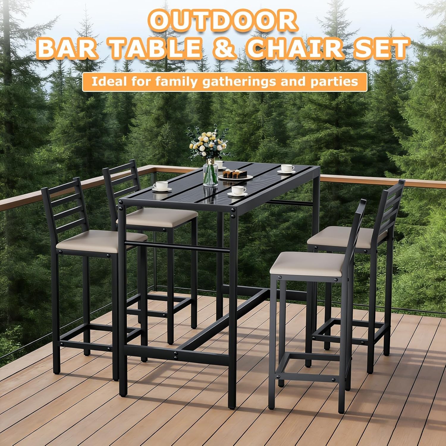 5 Piece Outdoor Patio Bar Set, 54.7' Rectangular Counter Height High Top Bar Tables, 4 Cushioned 41' Bar Stools, Metal Bar Table and Chairs Set for Poolside, Balcony, Backyard, Porch