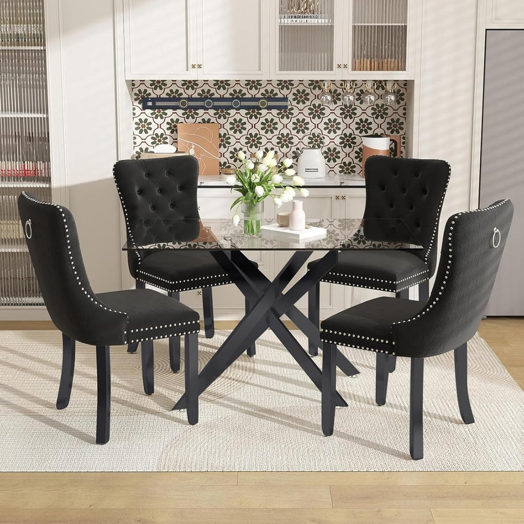 51 Inch Glass Dining Table Set for 4, Rectangular Glass Kitchen Table with 4 Upholstered Velvet Accent Chairs, 5 Piece Modern Dining Room Set, for Home, Apartment, Small Spaces - Black Black