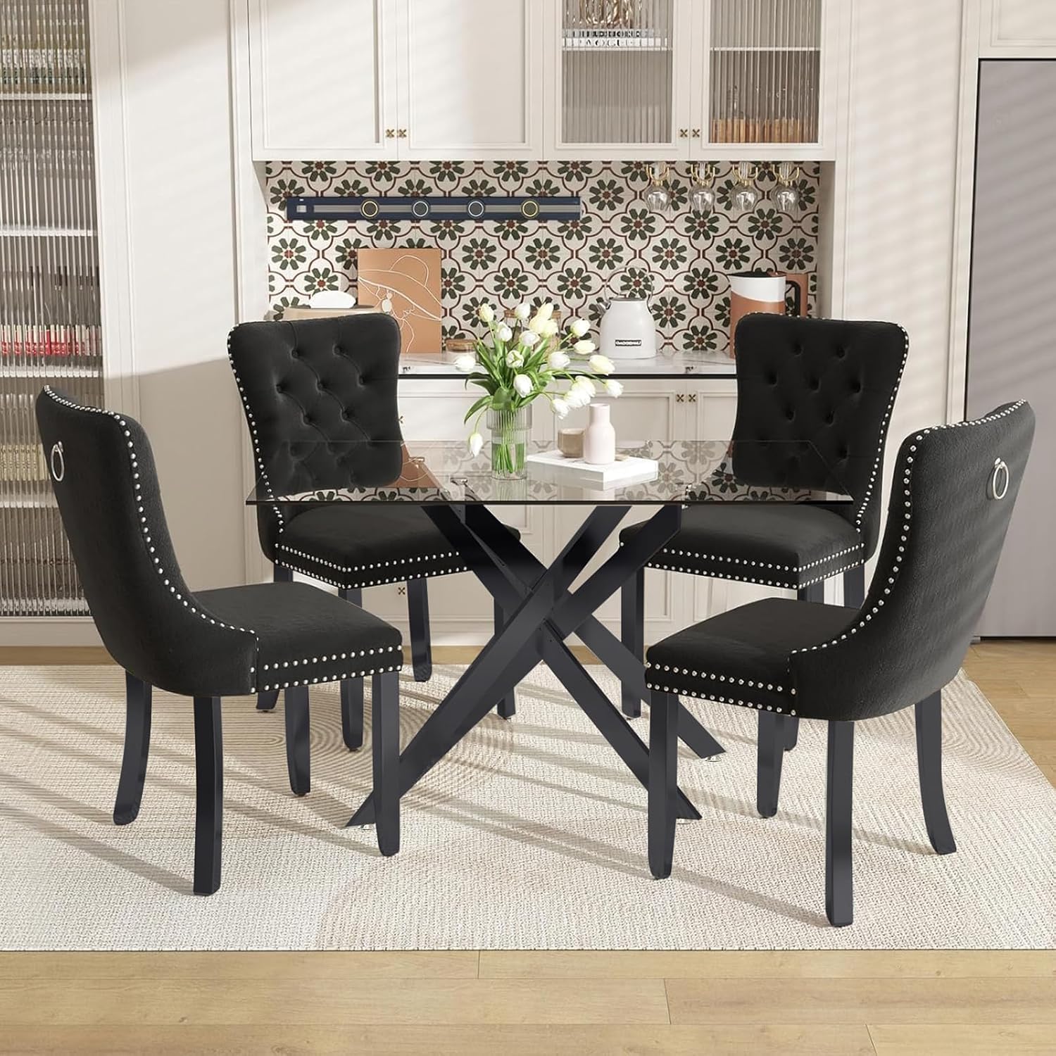 51 Inch Glass Dining Table Set for 4, Rectangular Glass Kitchen Table with 4 Upholstered Velvet Accent Chairs, 5 Piece Modern Dining Room Set, for Home, Apartment, Small Spaces - Black Black