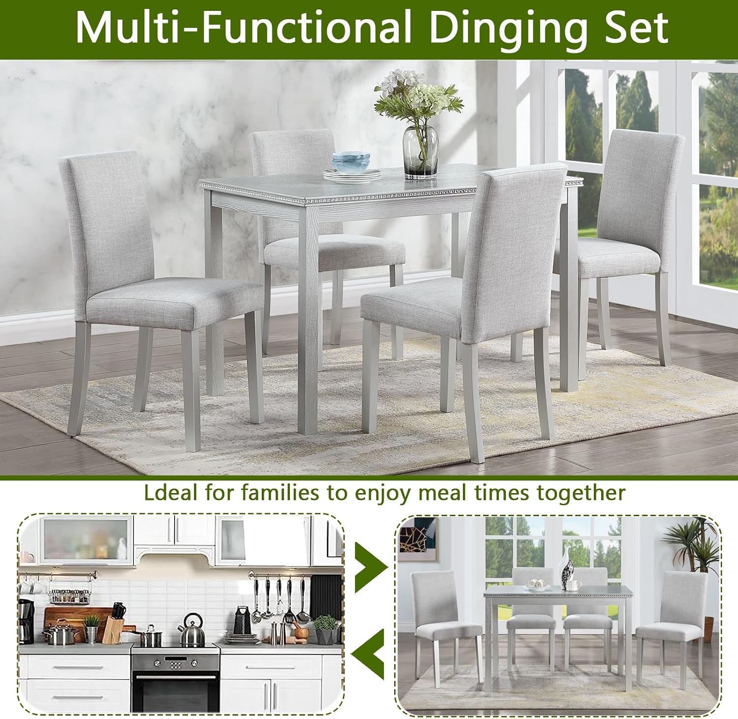 LUMISOL Dining Table Set for 4, 5-Piece Solid Wood Kitchen Table Set with 4 Upholstered Chairs for Kitchen, Dining Room, Home Bar, Grey