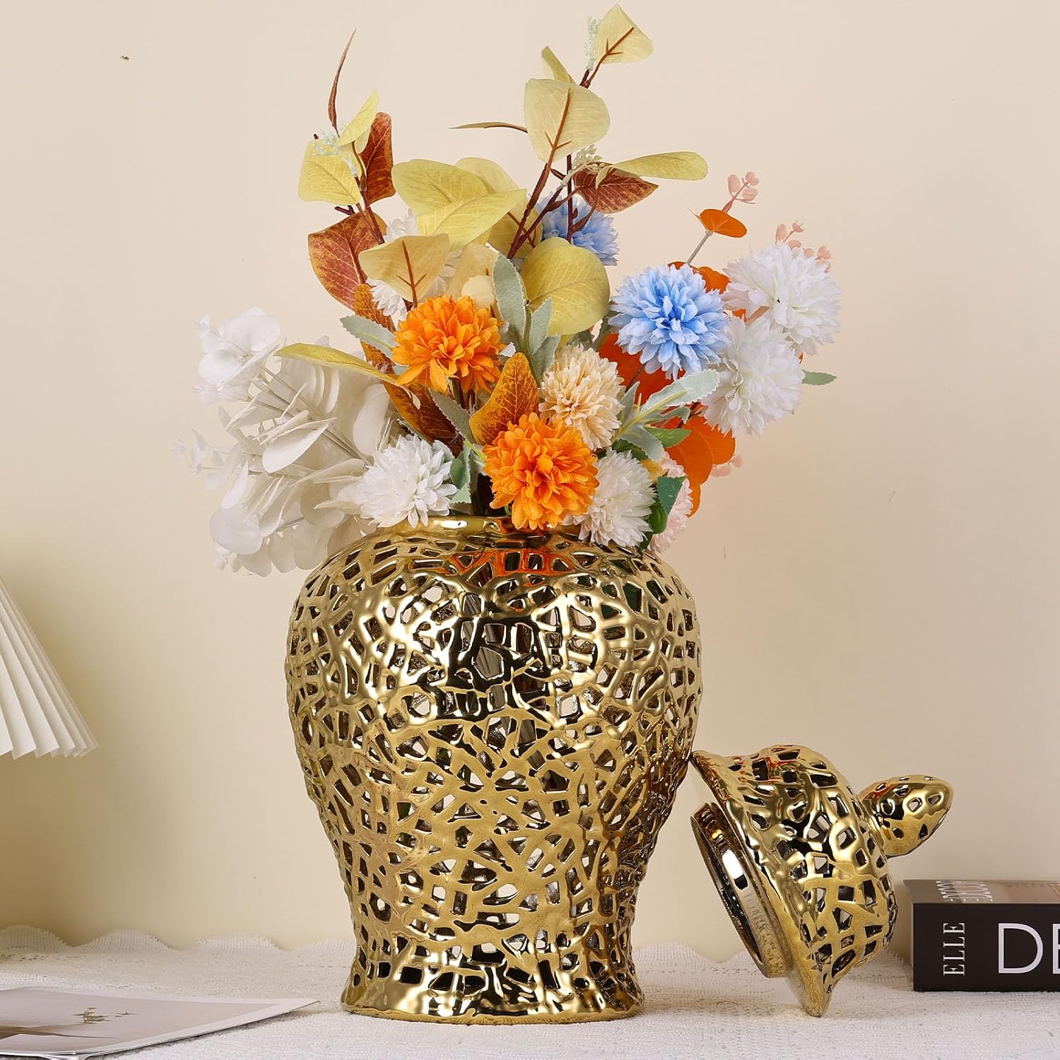 Gold Pierced Ginger Jar Vase with Lid - 15.7' Tall Decorative Ceramic Jar for Home Decor, Centerpiece for Living Room, Dining Room, Entryway, or Office, Large Gold Vase for Flowers