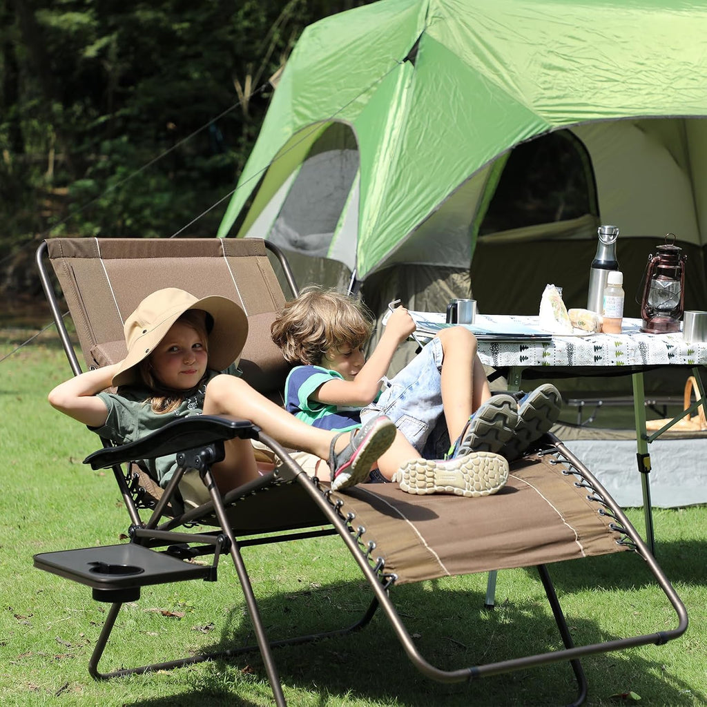 TIMBER RIDGE Oversized Zero Gravity Chair, 33In Wide XXL Zero Gravity Reclining Chair with Side Table, Full Padded Lounge Chair for Outdoor Camping Patio Lawn, Heavy Duty Supports 500lbs, Brown-2 Pack