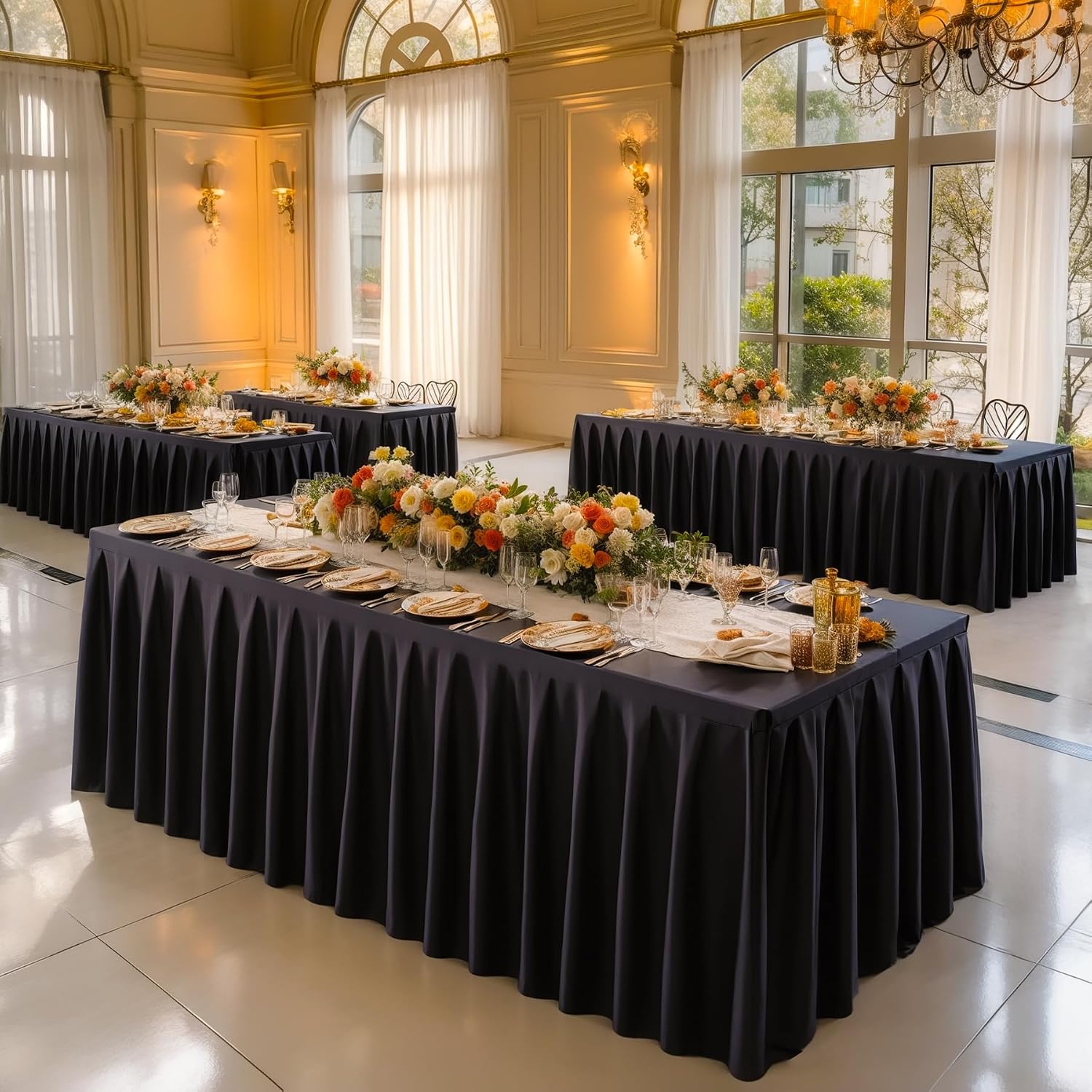 8 Pack Black Rectangle Tablecloth 8 FT Stretch Spandex Fitted Table Cloth for 8 Foot Rectangle Tables Banquet Tablecloths Wrinkle Free Table Cover Skirt Ruffle Tablecloth for Party Wedding Birthday