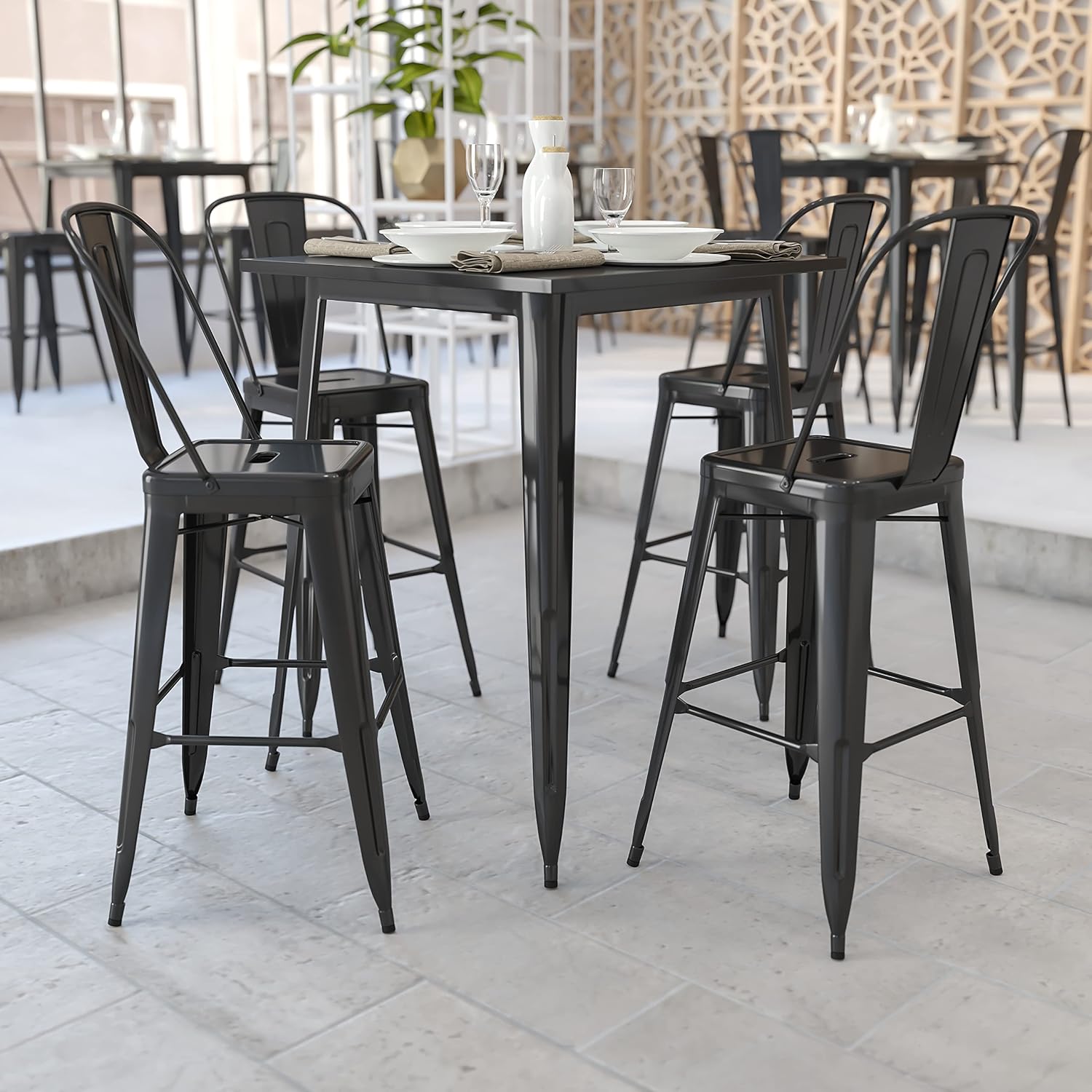 EMMA + OLIVER Commercial Grade 31.5' Square Black Metal Indoor-Outdoor Bar Height Table